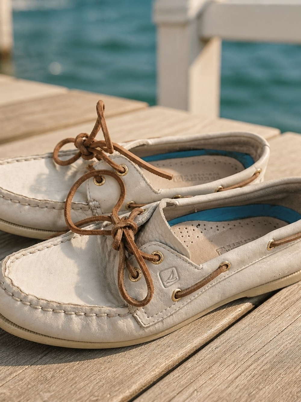 Sperry Cream Leather Boat Shoes with Brown Laces